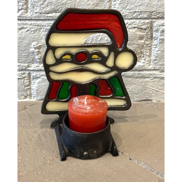 Vintage Christmas Tealight Candle Holder Santa Claus Stained Glass - Picture 9 of 9